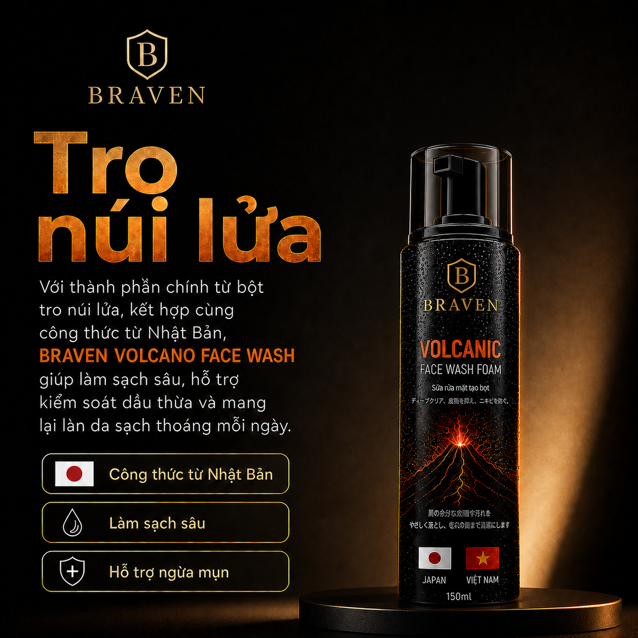 BRAVEN VOLCANIC FACE FOAM – Bọt Rửa Mặt Nam Cao Cấp, Làm Sạch Sâu, Kiểm Soát Dầu, Sạch Thoáng Nam Tính